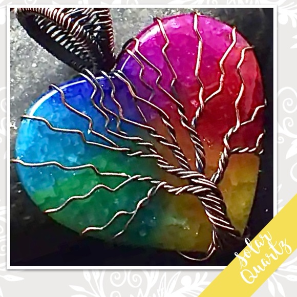 Rainbow Solar Quartz Copper Artisan Wire Wrap Pendant 1.68” (Blue Yellow Pink) - Picture 2 of 2
